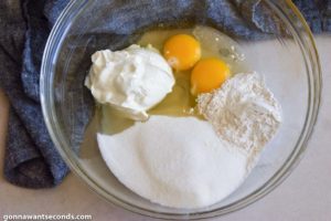 How to make Cherry Custard Pie Bars, mixing the filling ingredients