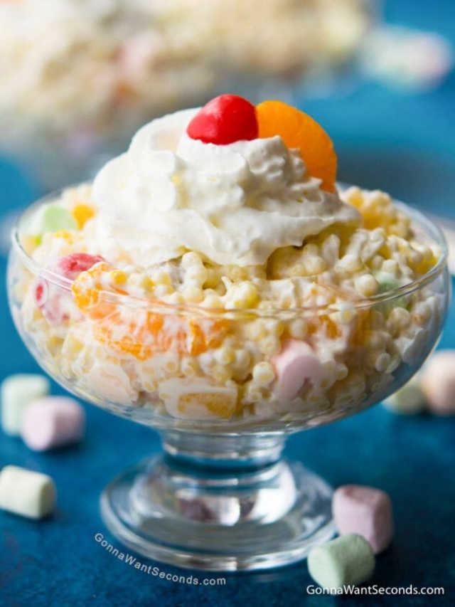 Frog Eye Salad is a sweet fluffy rendition of a fruity dessert salad with cool whip, instant pudding and plenty of extras to make you go Mmmm!
