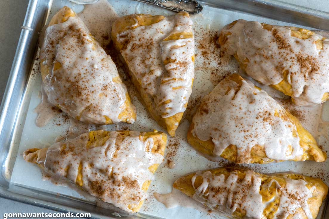 easy pumpkin scones on a baking sheet, top shot
