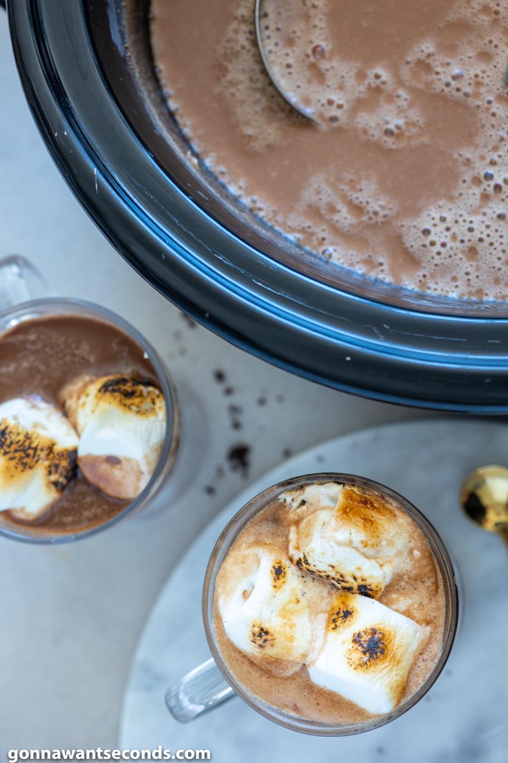 A cup of slow cooker hot chocolate topped with toasted marshmallow, with crockpot on the side