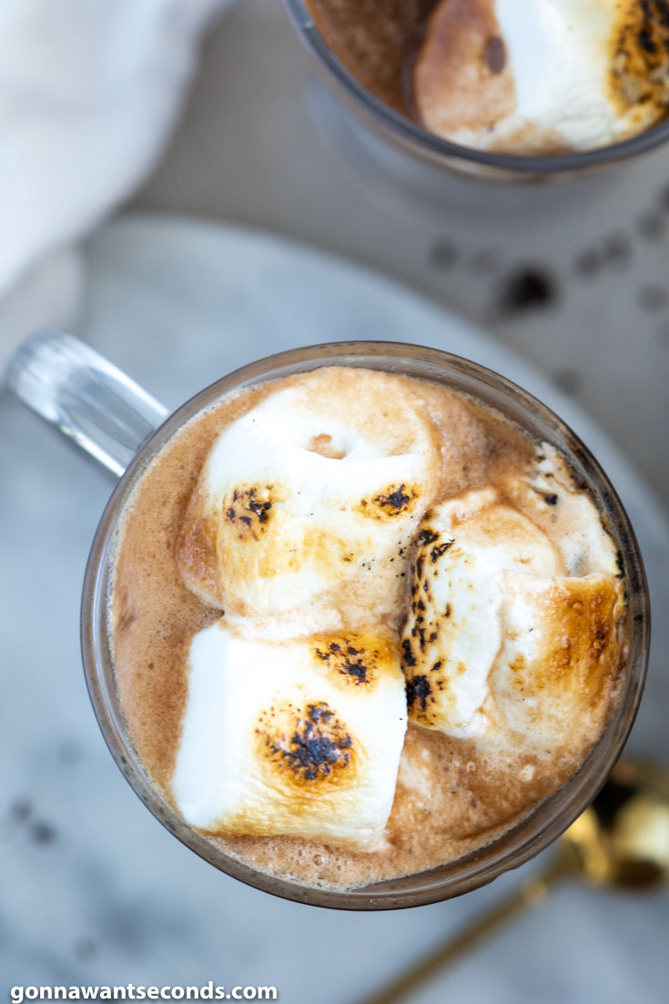 A cup of crock pot hot chocolate topped with toasted marshmallow, top shot