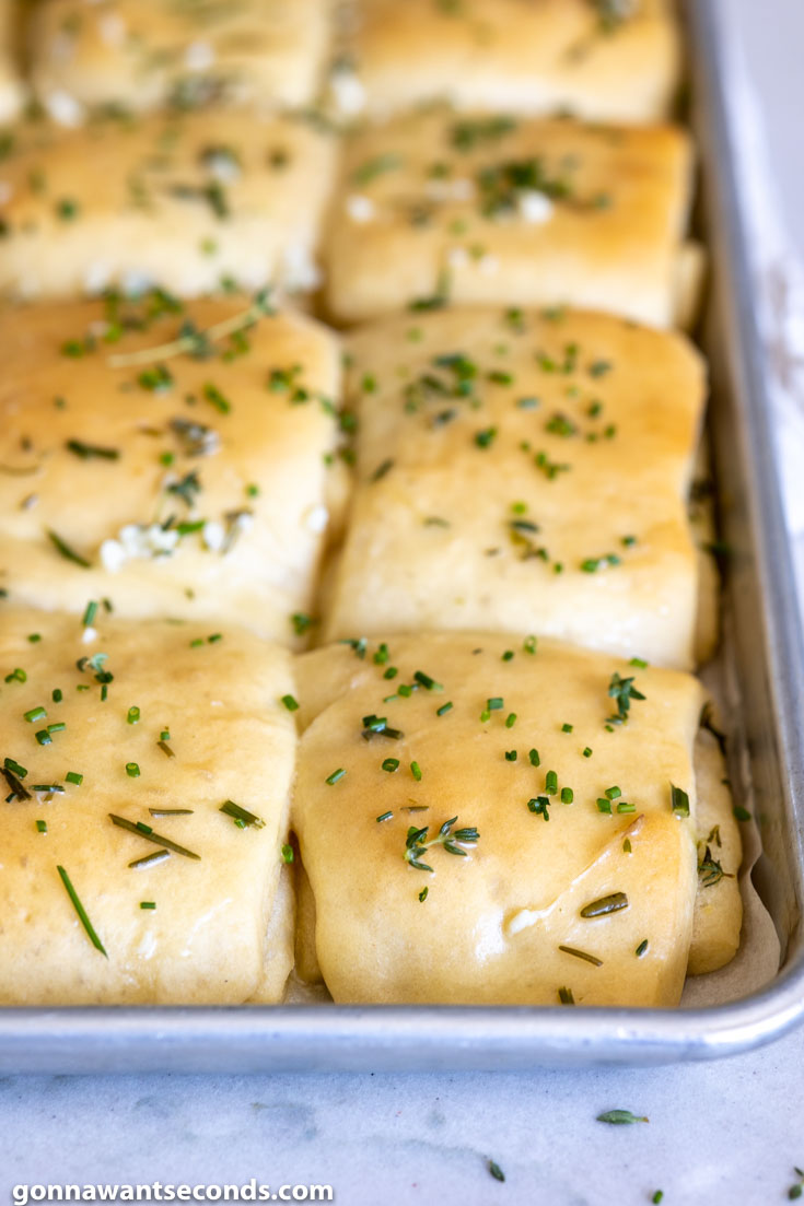 Garlic and Herb Parker House Rolls in a baking sheet