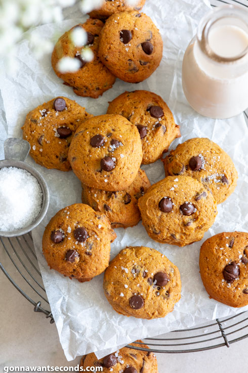pumpkin chocolate chip cookies with milk on the side, top shot