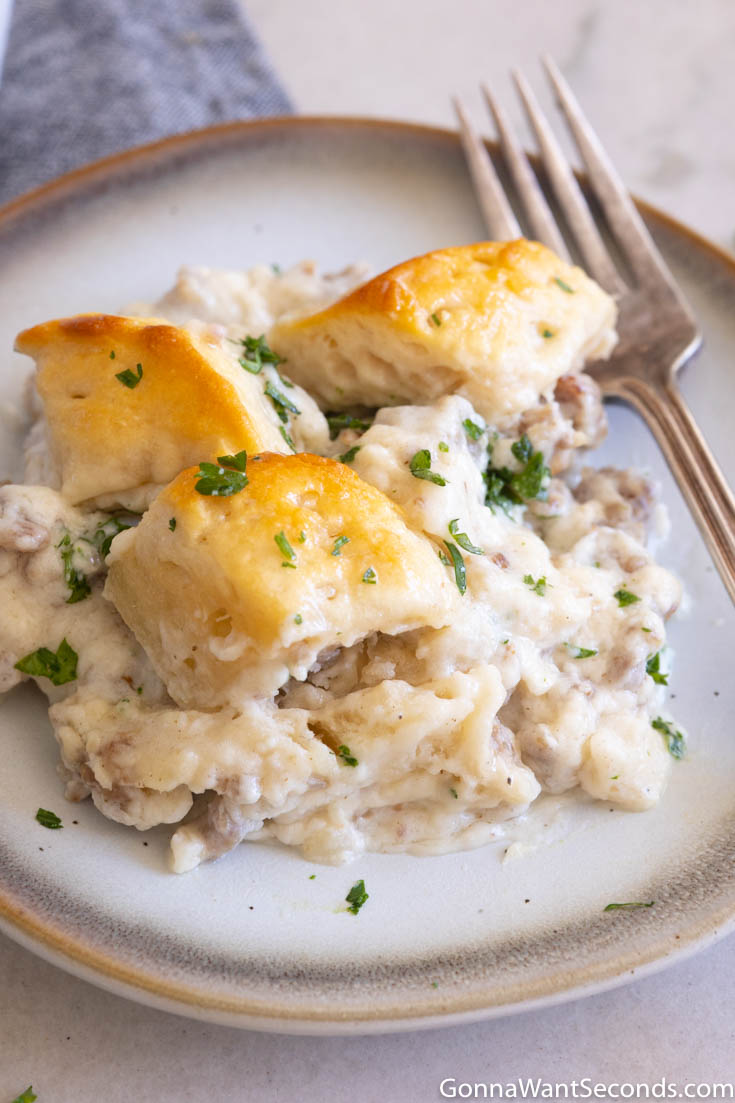 biscuits and gravy casserole on a plate