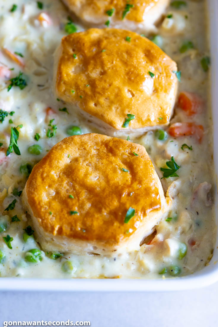 Easy chicken pot pie with biscuits on a casserole, top shot