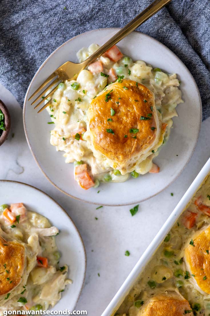 Chicken pot pie with biscuits on plates, top shot