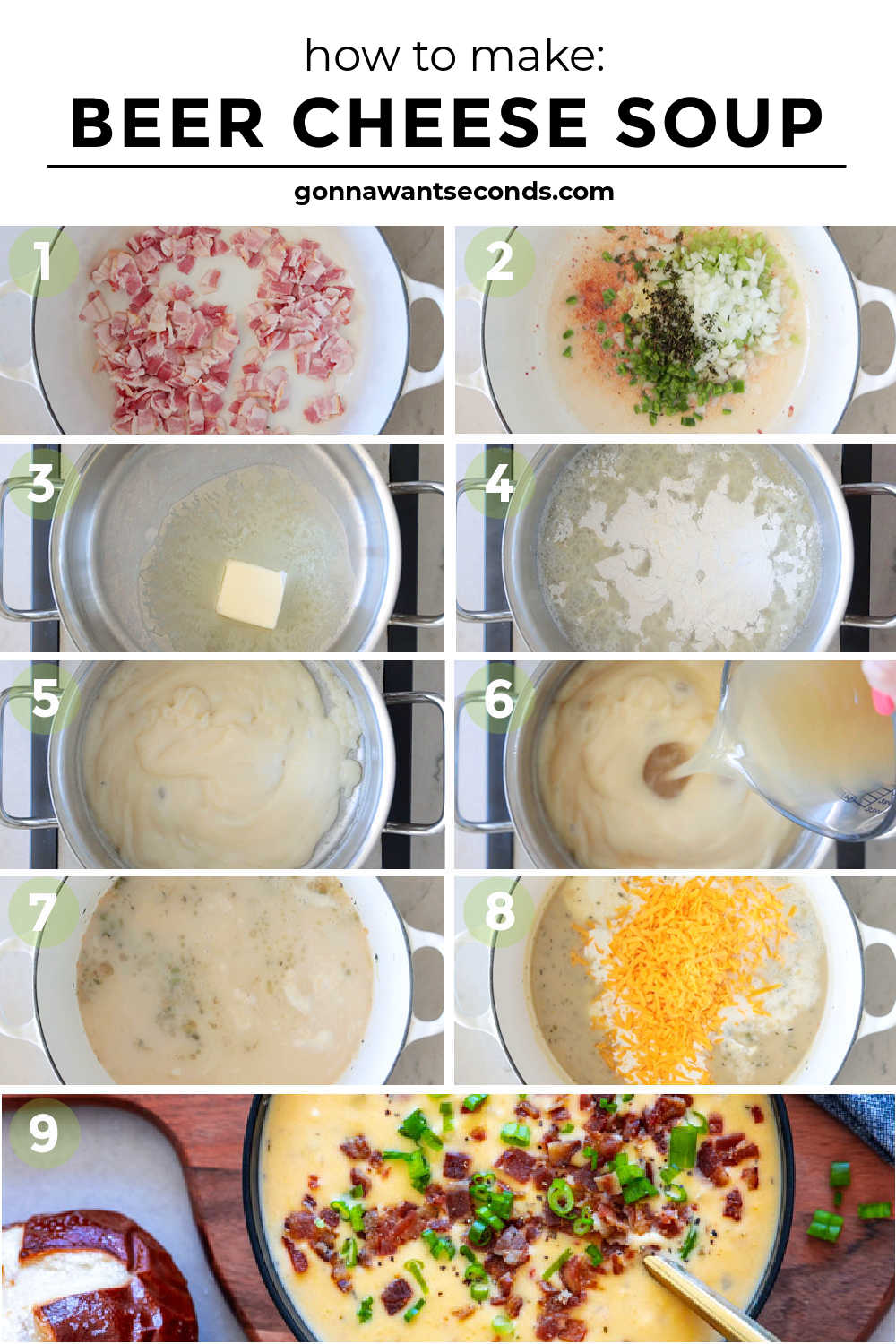 This rich, creamy beer cheese soup is decadent comfort food. Three cheese, bacon, and beer create a soup that will stick to your ribs & warm you inside out! #beerandcheesesoup #cheesesoup Step by step how to make beer cheese soup