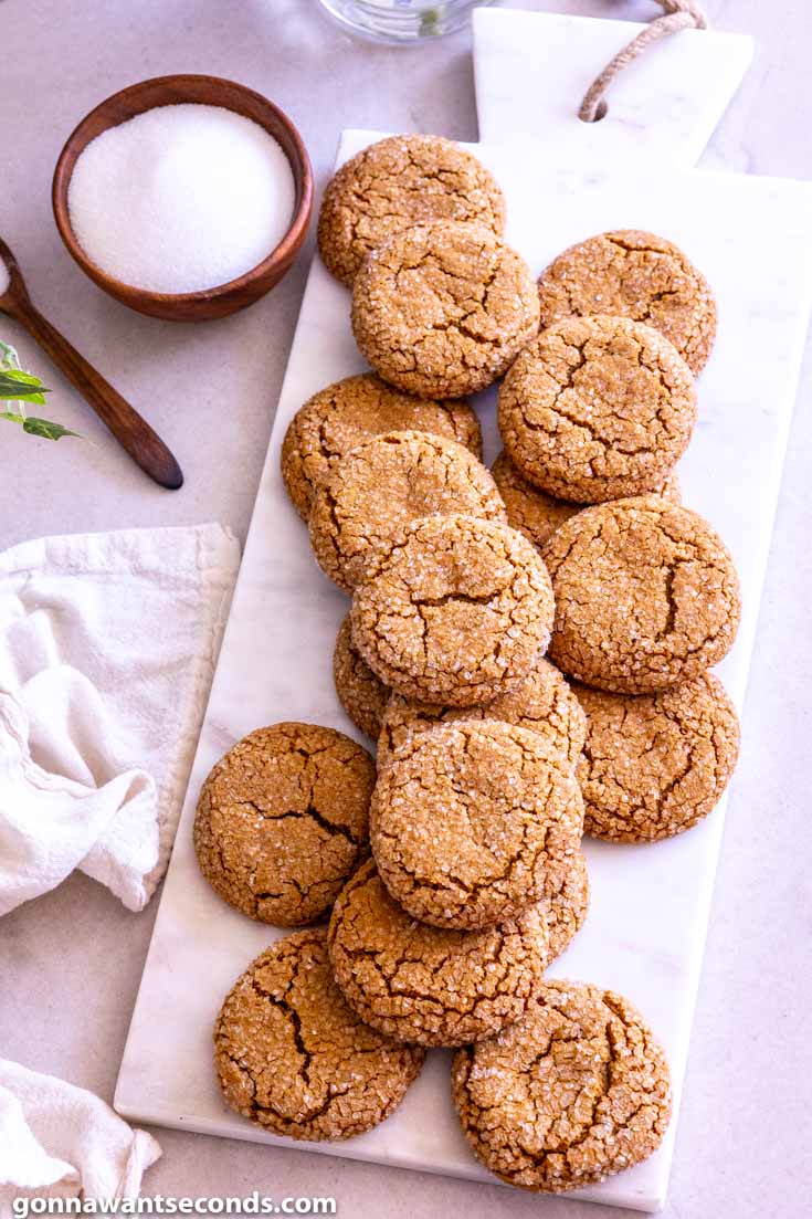 chewy molasses cookies on a rectangular serving platter, top shot