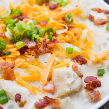 Chicken potato soup, topped with cheese and bacon
