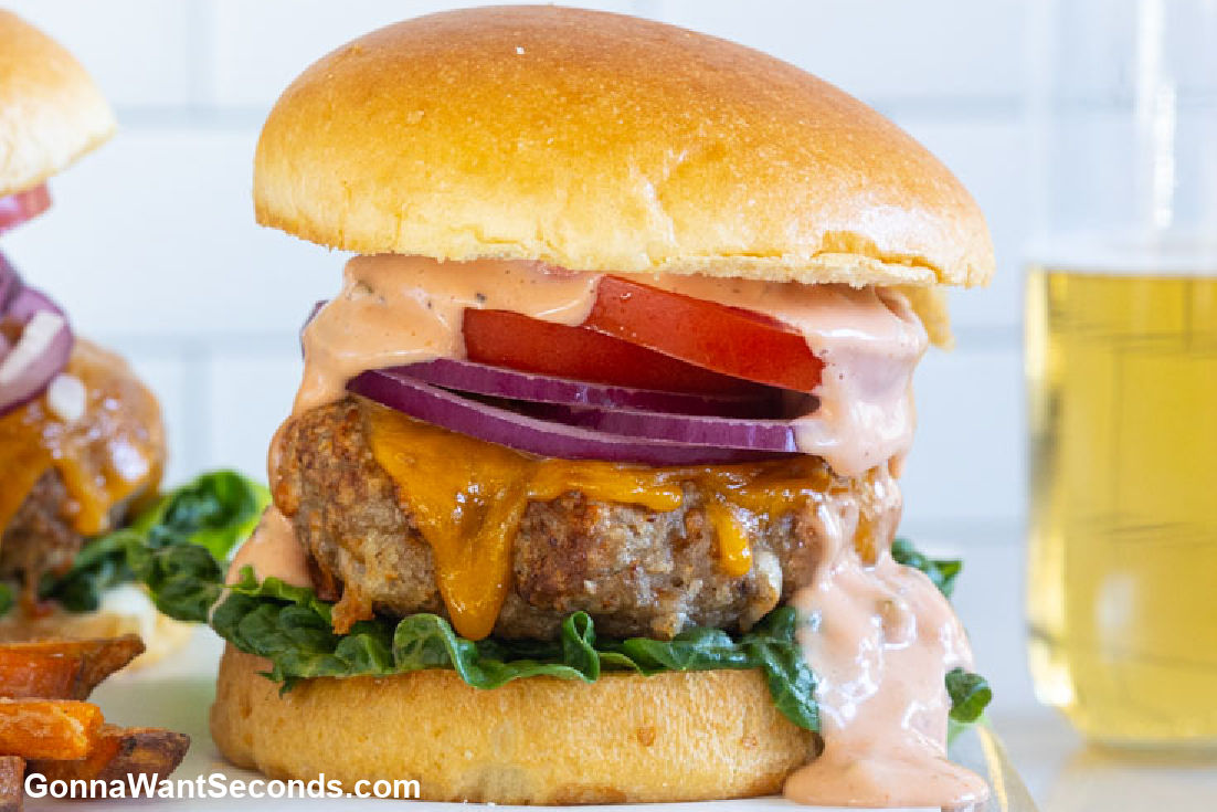turkey burger air fryer with dripping sauce, close up