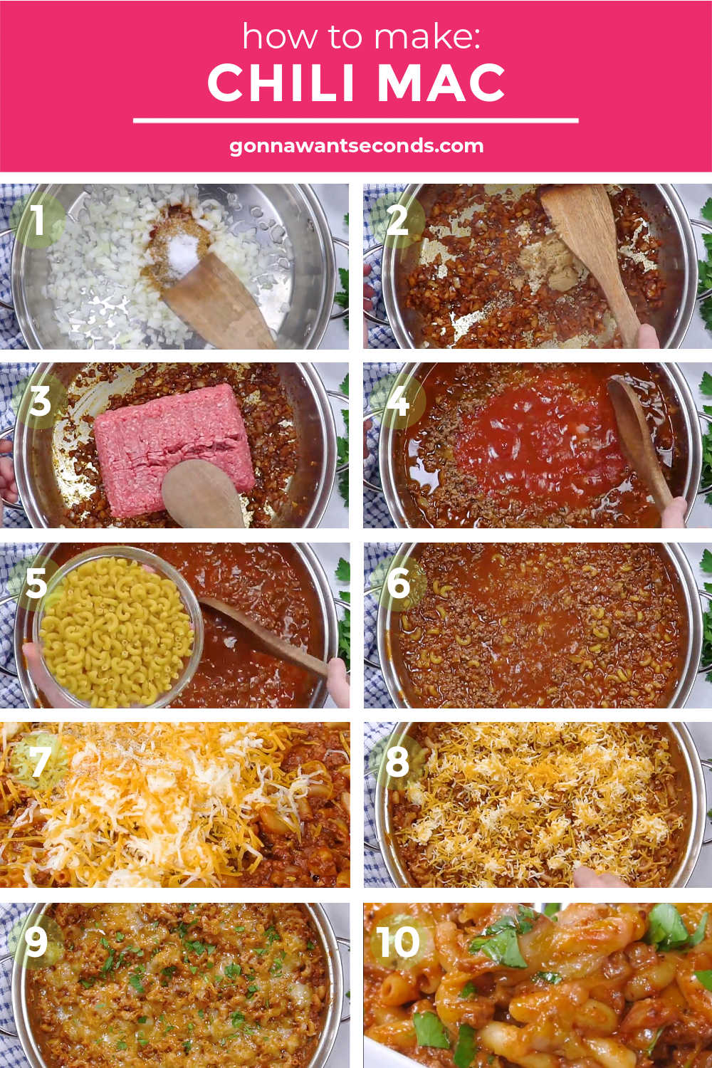 step by step how to make one pot cheesy chili mac