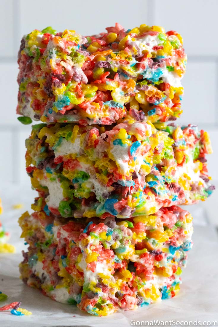 Fruity Pebble Treats stack on top of each other