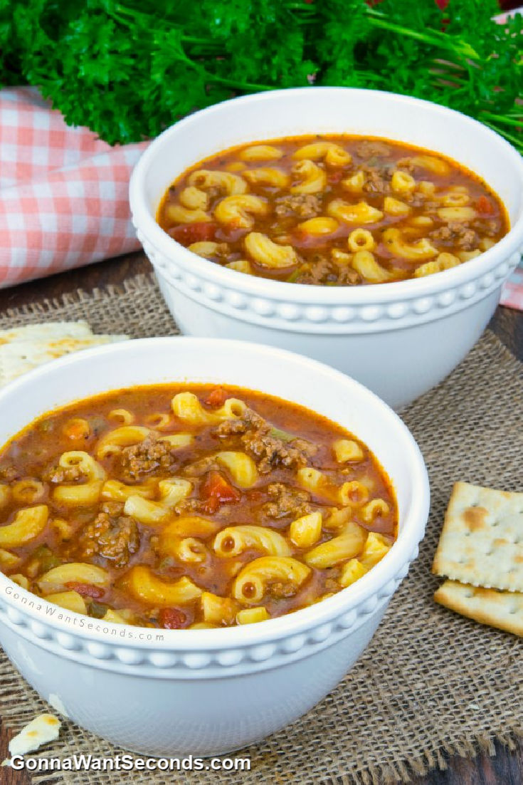 beef macaroni soup in a bowl