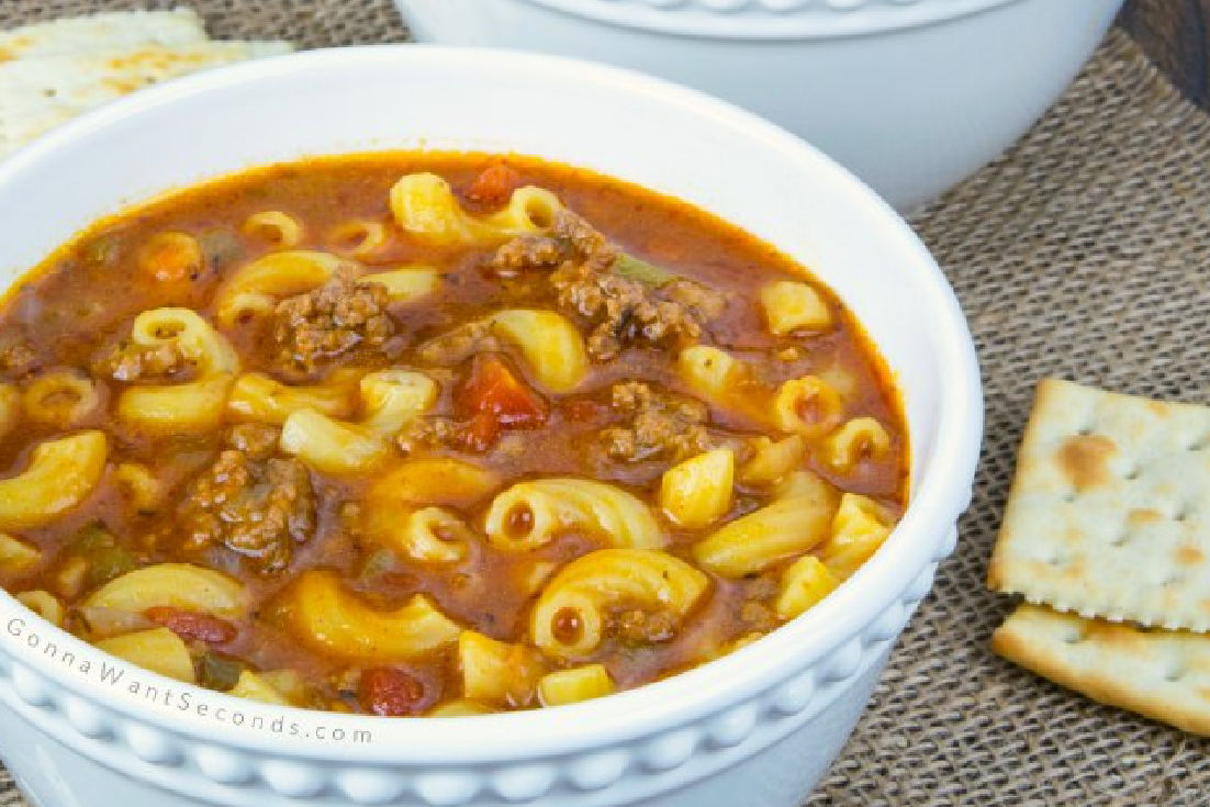 beef and macaroni soup in a bowl