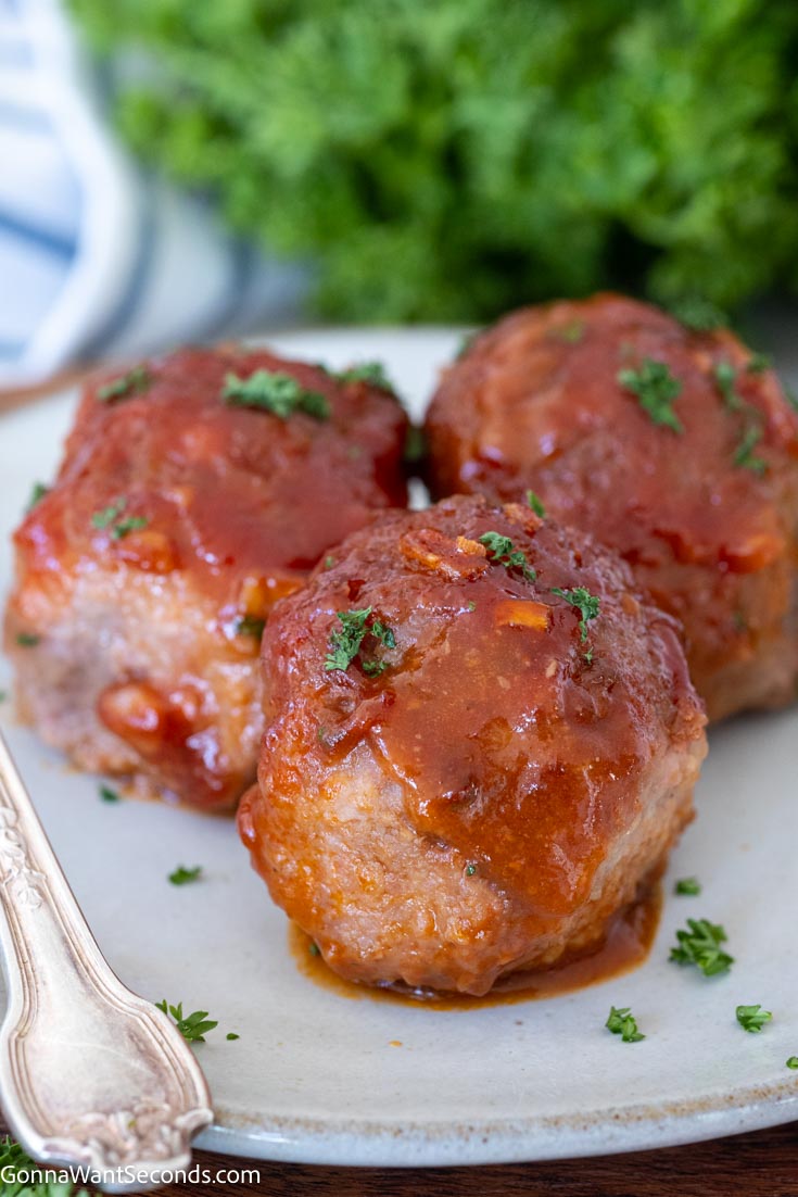 old fashioned ham balls, on a plate