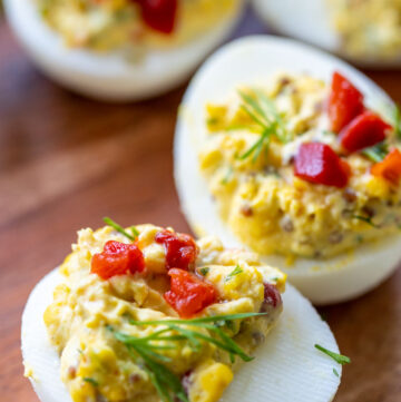 southern deviled eggs with toppings