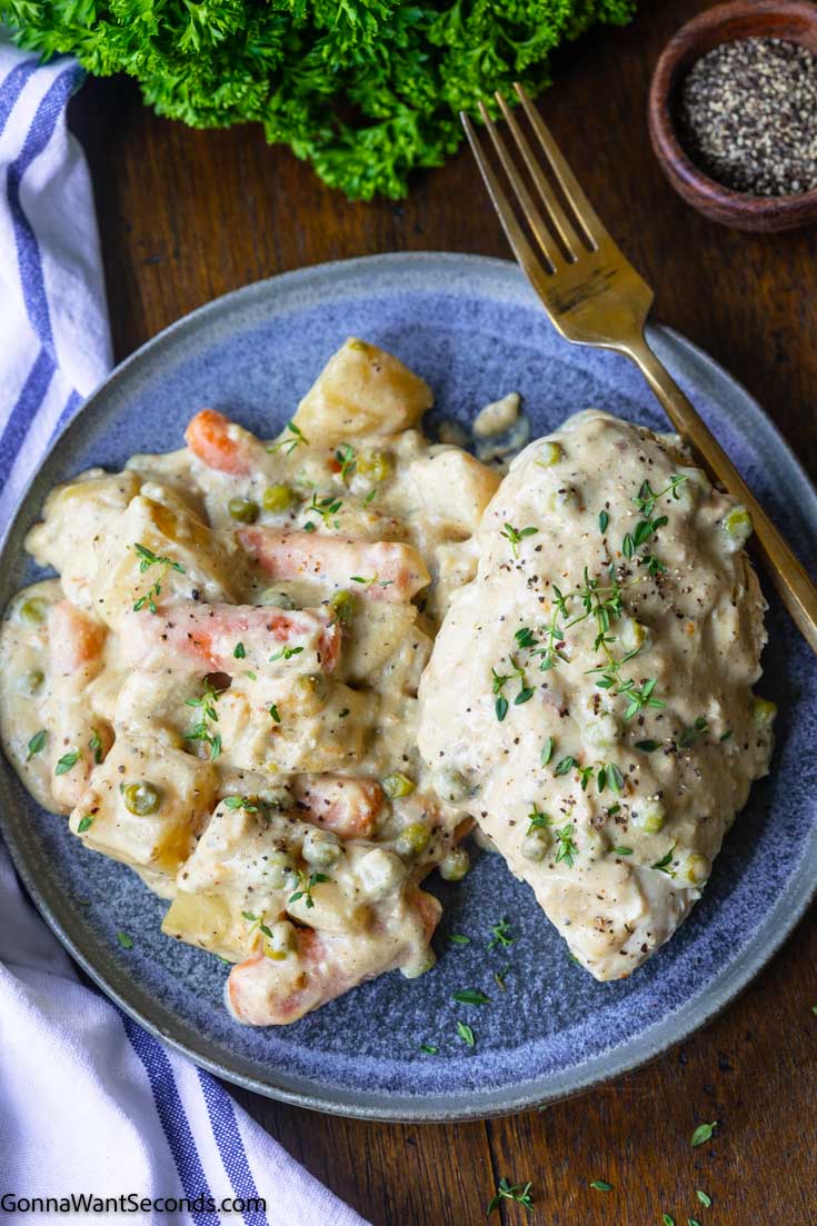 crockpot creamy ranch chicken smothered with sauce on a plate