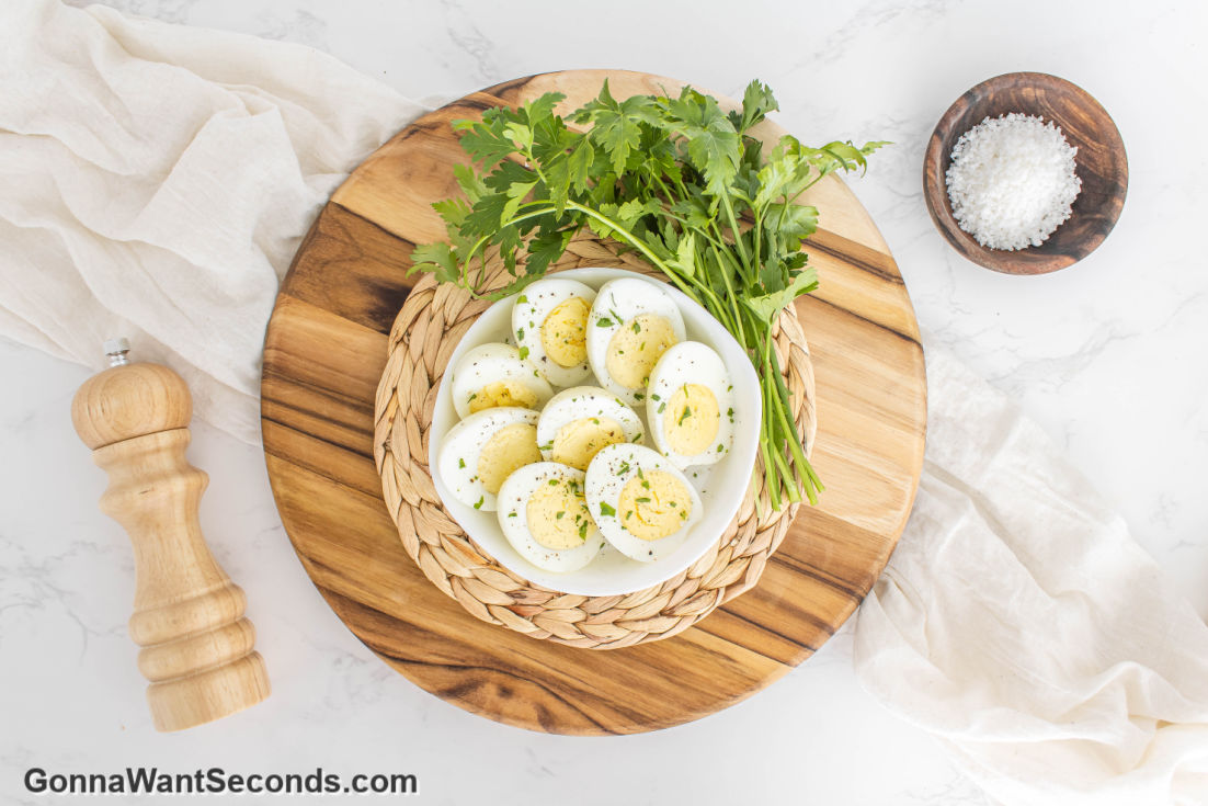 air fry boiled eggs sliced and placed in a shallow bowl, top shot