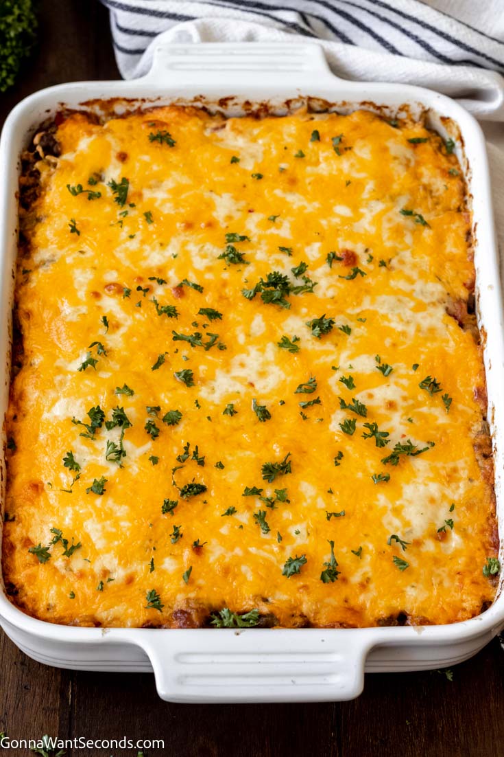 A whole easy john wayne casserole topped with melted cheese