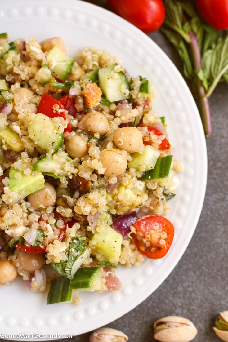 quinoa salad with feta on a plate, top shot