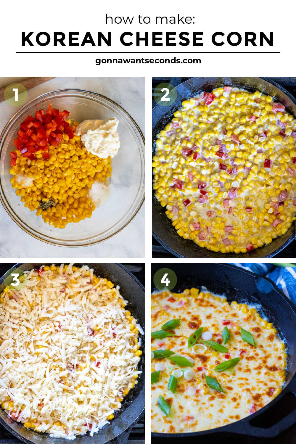 This extra creamy Korean cheese corn is made in a skillet with sweet corn, mayo, and gooey melted cheese—scoopable, not dry or stiff. #koreancorn #cheesecorn Step by step how to make Korean Cheese Corn