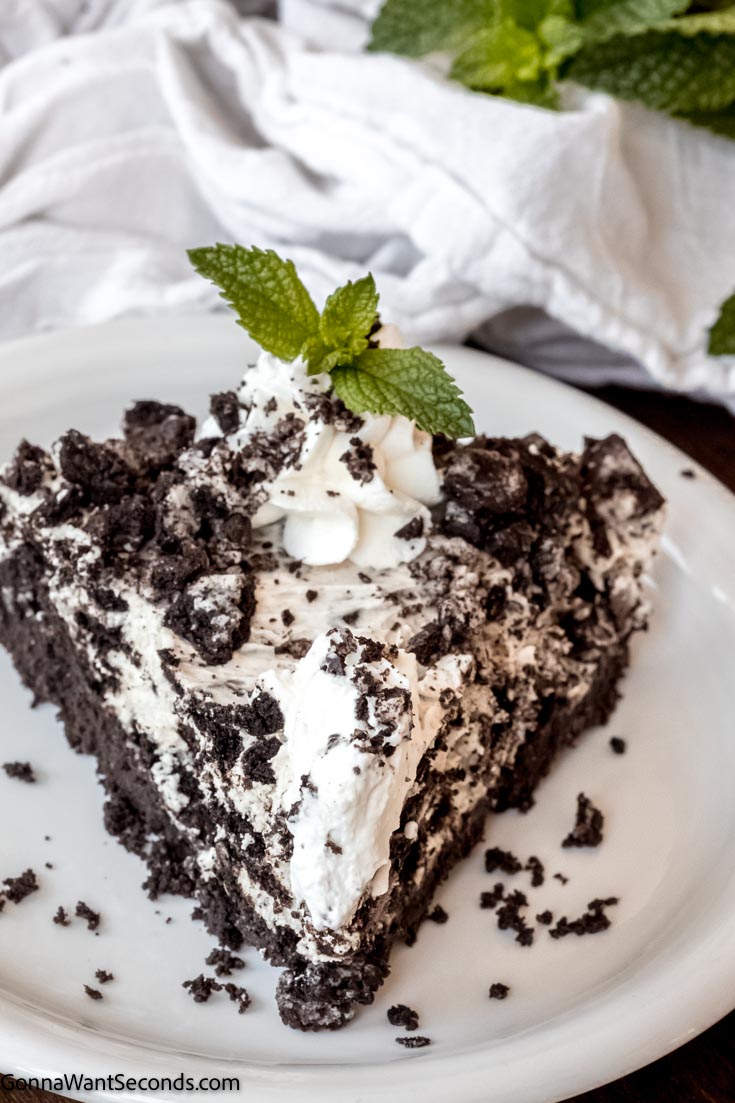 A slice of Oreo Pie garnished with mint leaves on plate