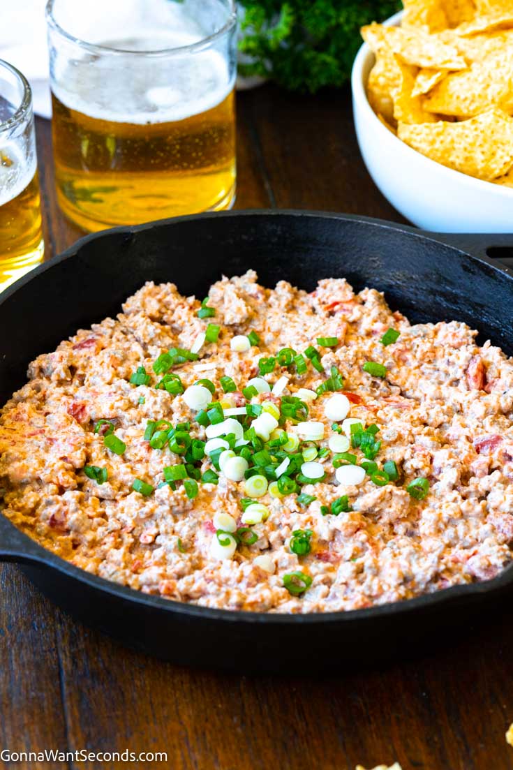 Sausage Cream Cheese Dip in a cast-iron skillet 