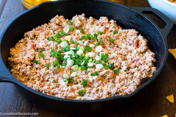 jimmy dean sausage cream cheese dip in a cast-iron skillet