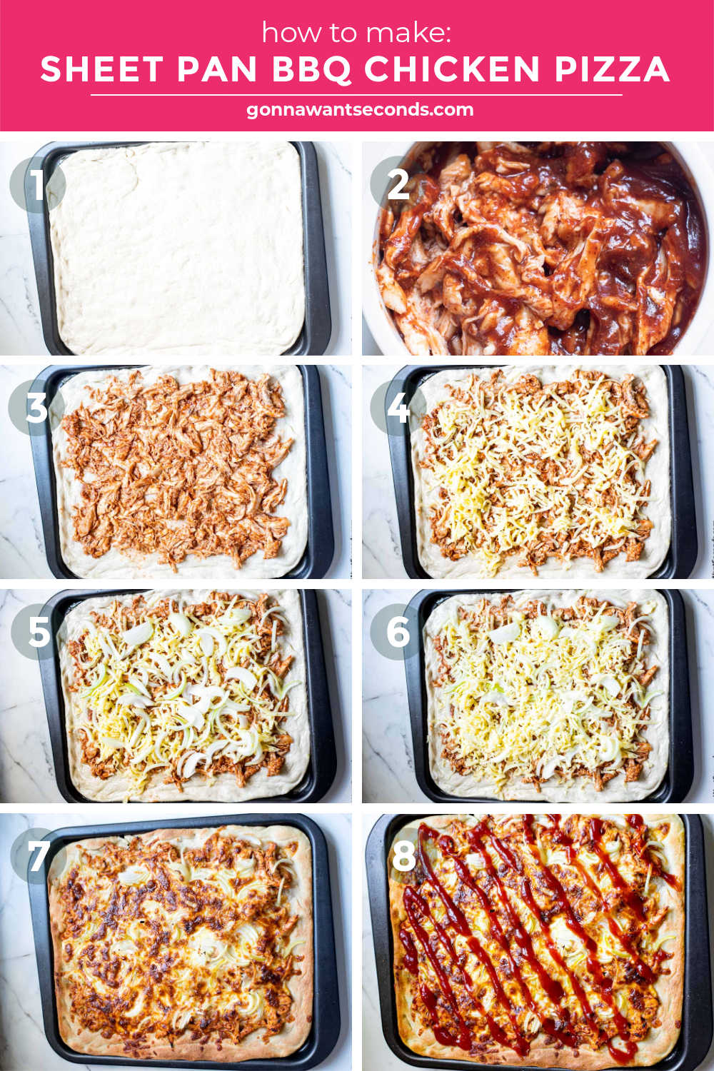 step by step how to make sheet pan bbq chicken pizza