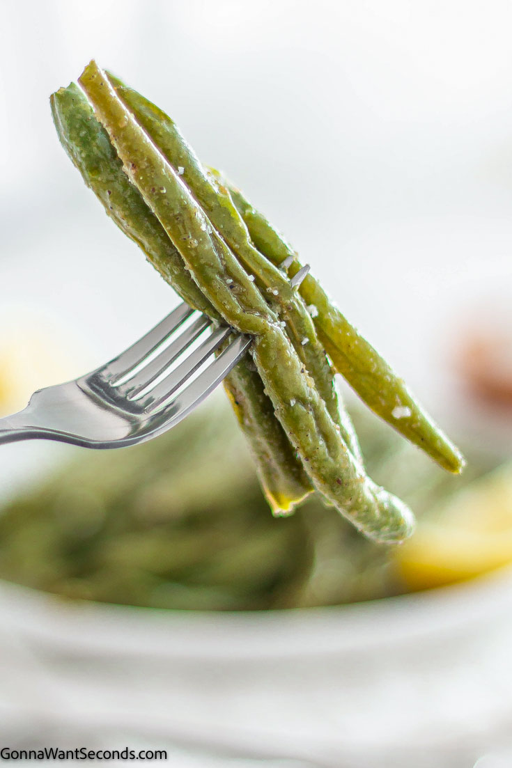 green beans air fryer in a fork, close up