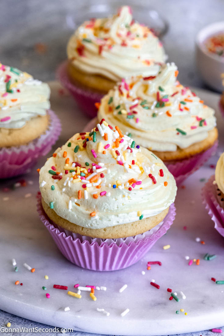 Cupcakes with easy cool whip frosting with sprinkles on top