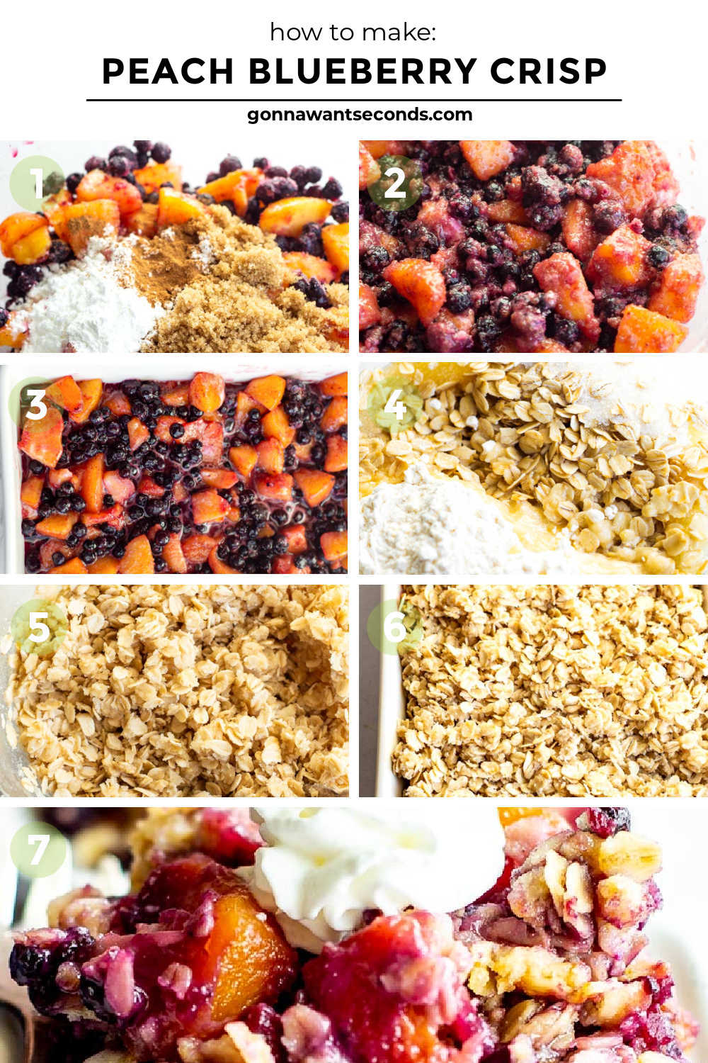 This Peach Blueberry Crisp is top of my list for peach desserts. It’s easy and the sweetness comes from the fresh fruit—my favorite kind of summer dessert. #peachcrisp #blueberrycrisp Step by step how to make Peach Blueberry Crisp