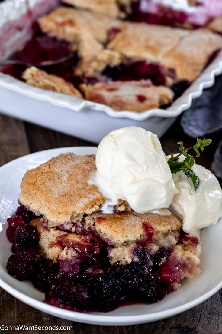 easy blackberry cobbler with vanilla ice cream on top, on a plate 