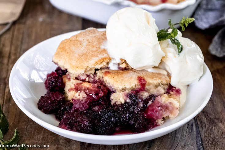 southern blackberry cobbler with vanilla ice cream on top, on a plate