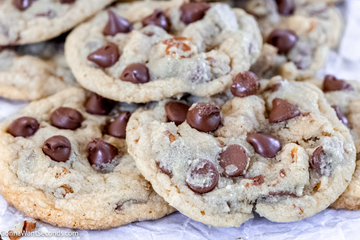 A pile of hershey's perfectly chocolate chocolate chip cookies