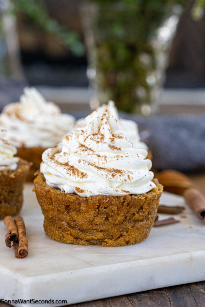 Impossible Pumpkin Pie Cupcakes with whipped cream on top