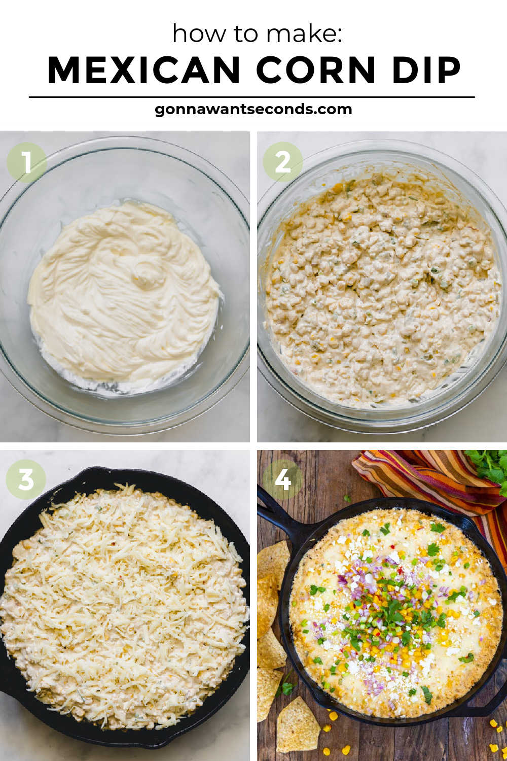 This savory, cheesy Mexican Corn Dip will take your next snack time to a new level of satisfaction. Eat by the spoonful, tortilla chips, or tacos! #corndip #mexicancorn step by step how to make mexican corn dip
