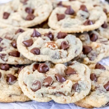 A pile hershey's perfectly chocolate chocolate chip cookies