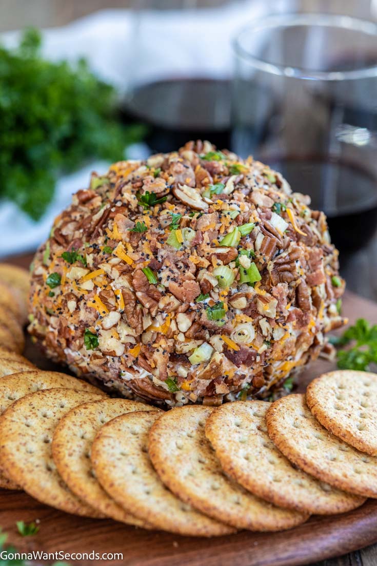 bacon ranch cheese ball with crackers around