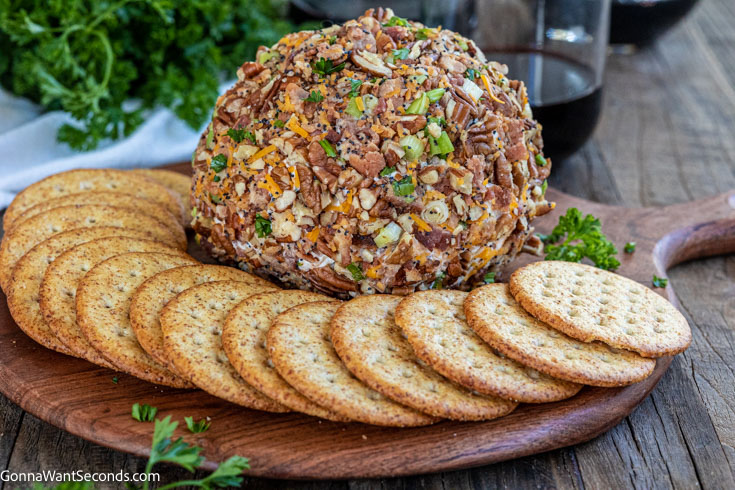 bacon cheddar cheese ball with crackers around