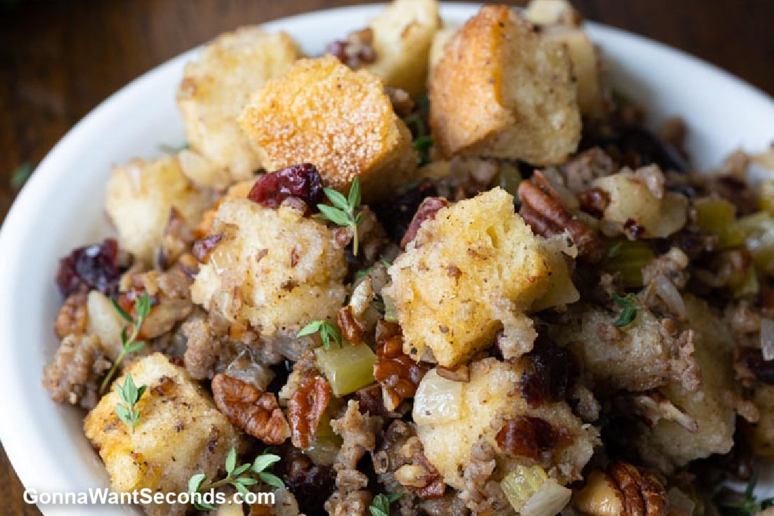 sausage apple stuffing on a plate