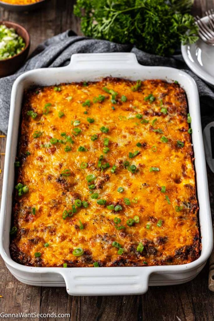 A whole breakfast casserole with sausage