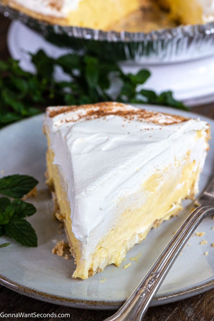 A slice of eggnog pie with cool whip