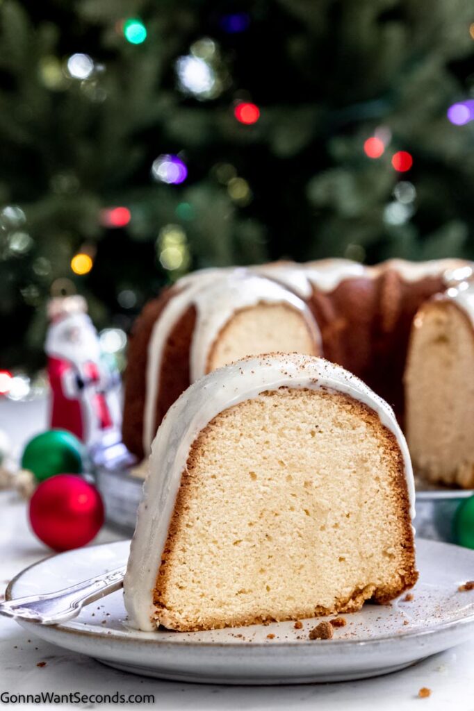 A slice of eggnog pound cake from scratch