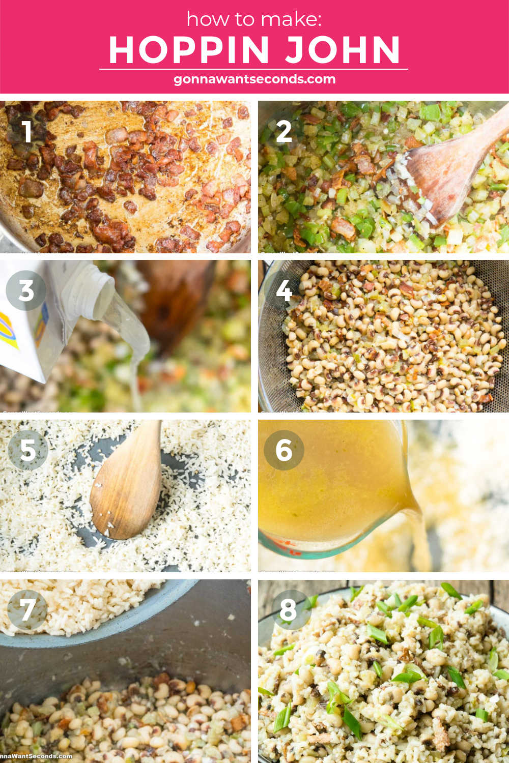 step by step how to make hoppin john with bacon