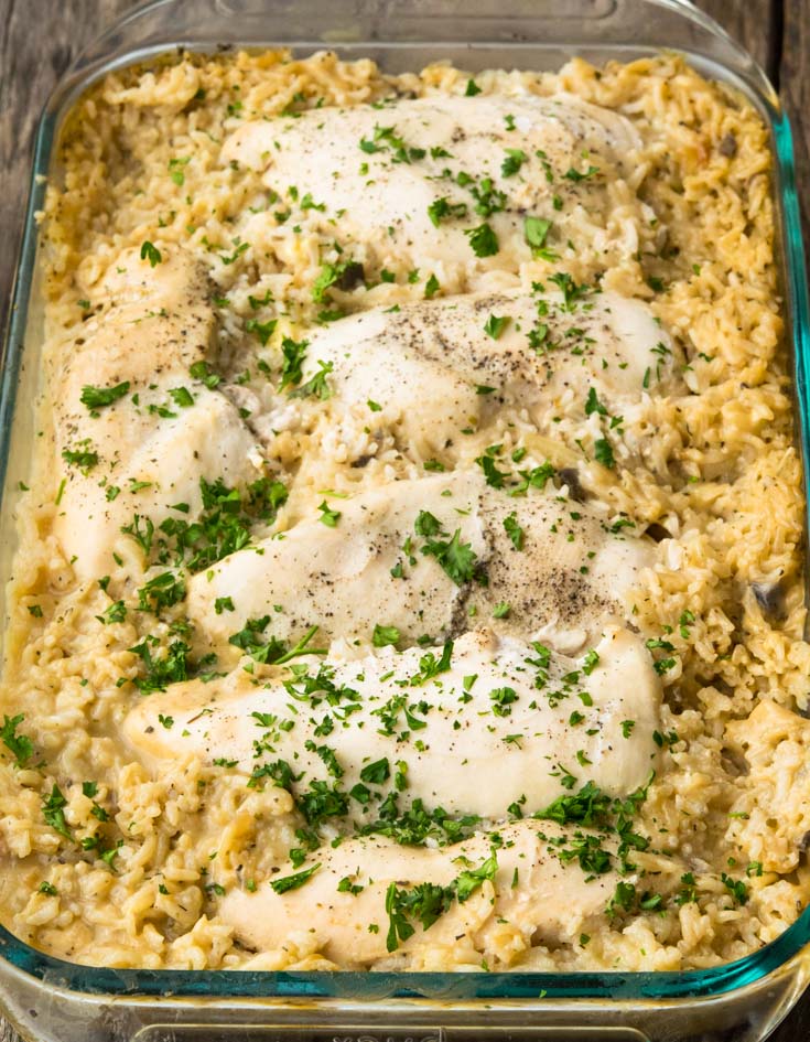 No Peek Chicken on top of rice, in a casserole dish