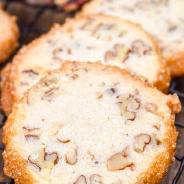 pecan shortbread cookies close up on a cooling rack