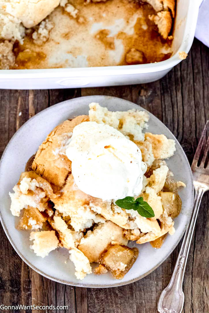 This Bisquick apple cobbler is a delicious, old-fashioned cobbler made easier with Bisquick! It's loaded with fresh, tender, juicy, and warm spiced apples! #bisquickcobbler #applecobbler bisquick impossible apple cobbler with vanilla ice cream