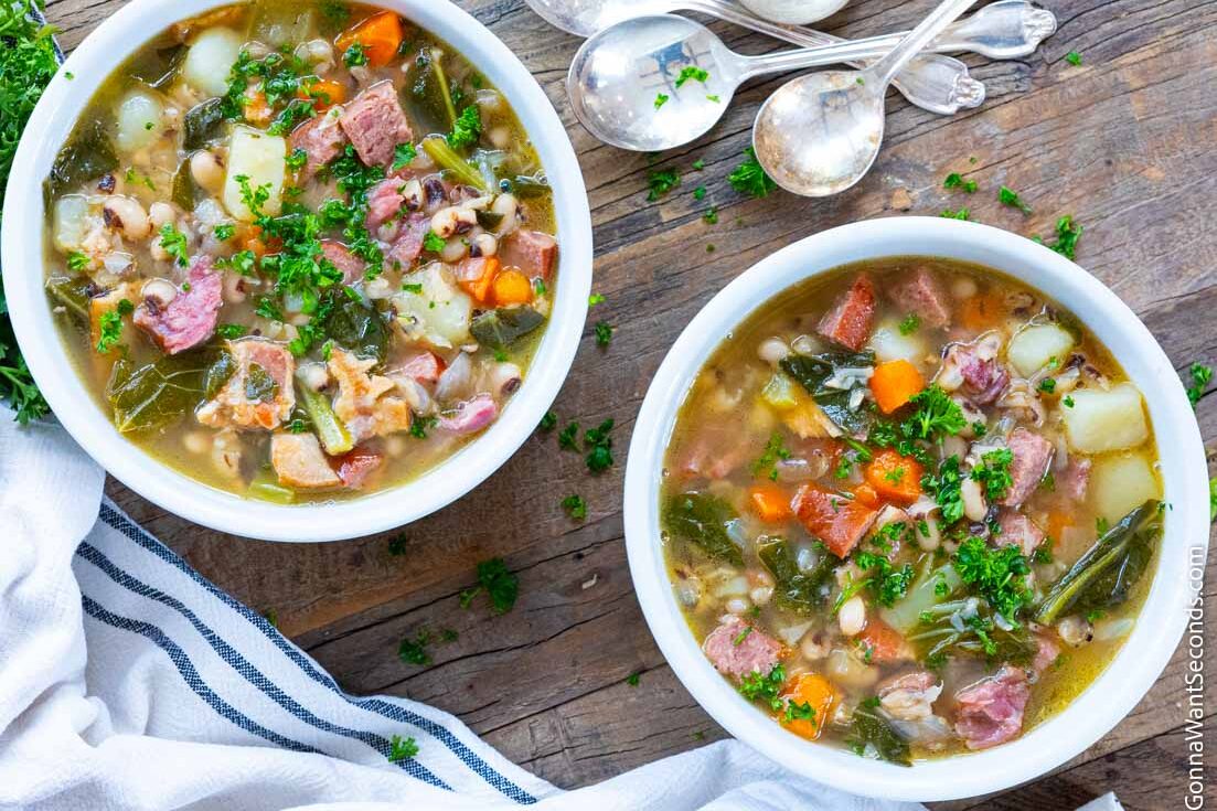 black eyed pea soup in bowls, top shot
