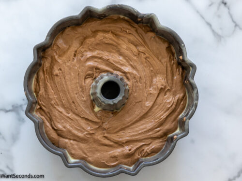 how to make old fashioned chocolate pound cake, Pour batter into prepared bundt pan. bake
